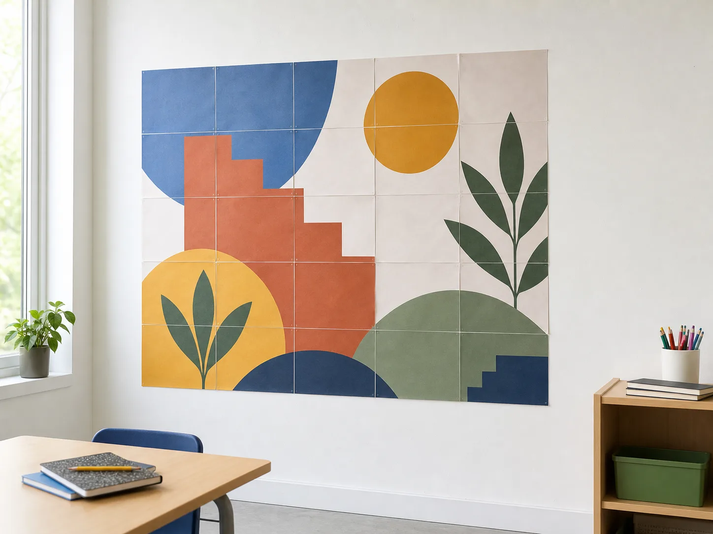 Large tiled art poster displayed in a classroom