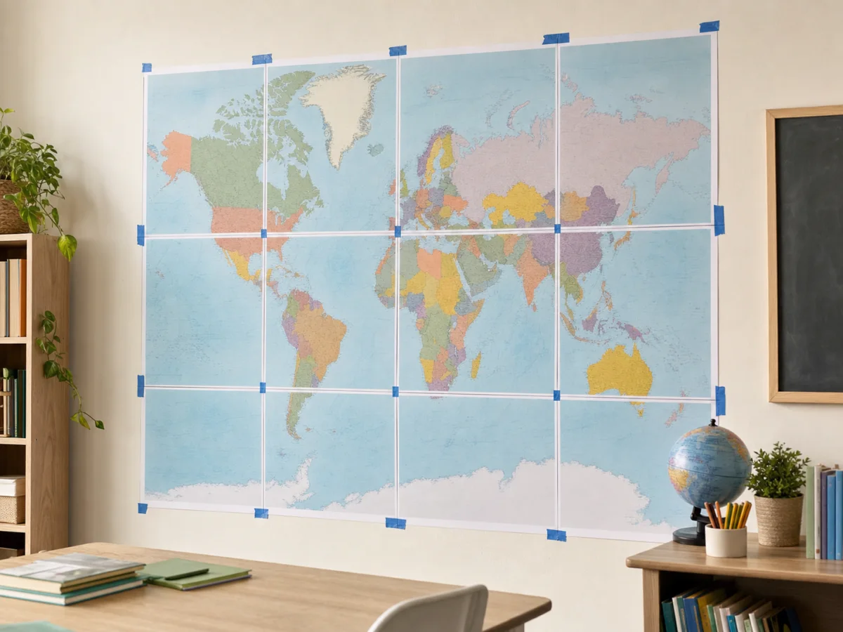 A classroom map printed as a large tiled poster