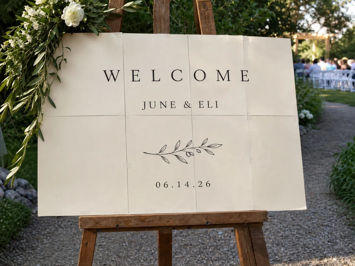 A printed directional sign displayed on a stand